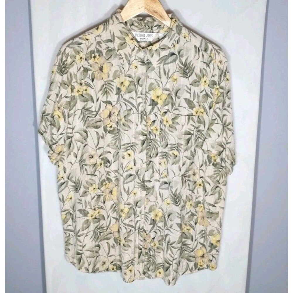 Victoria Jones 2X Floral Button Front Shirt Textured Rayon Linen Blend Pocket